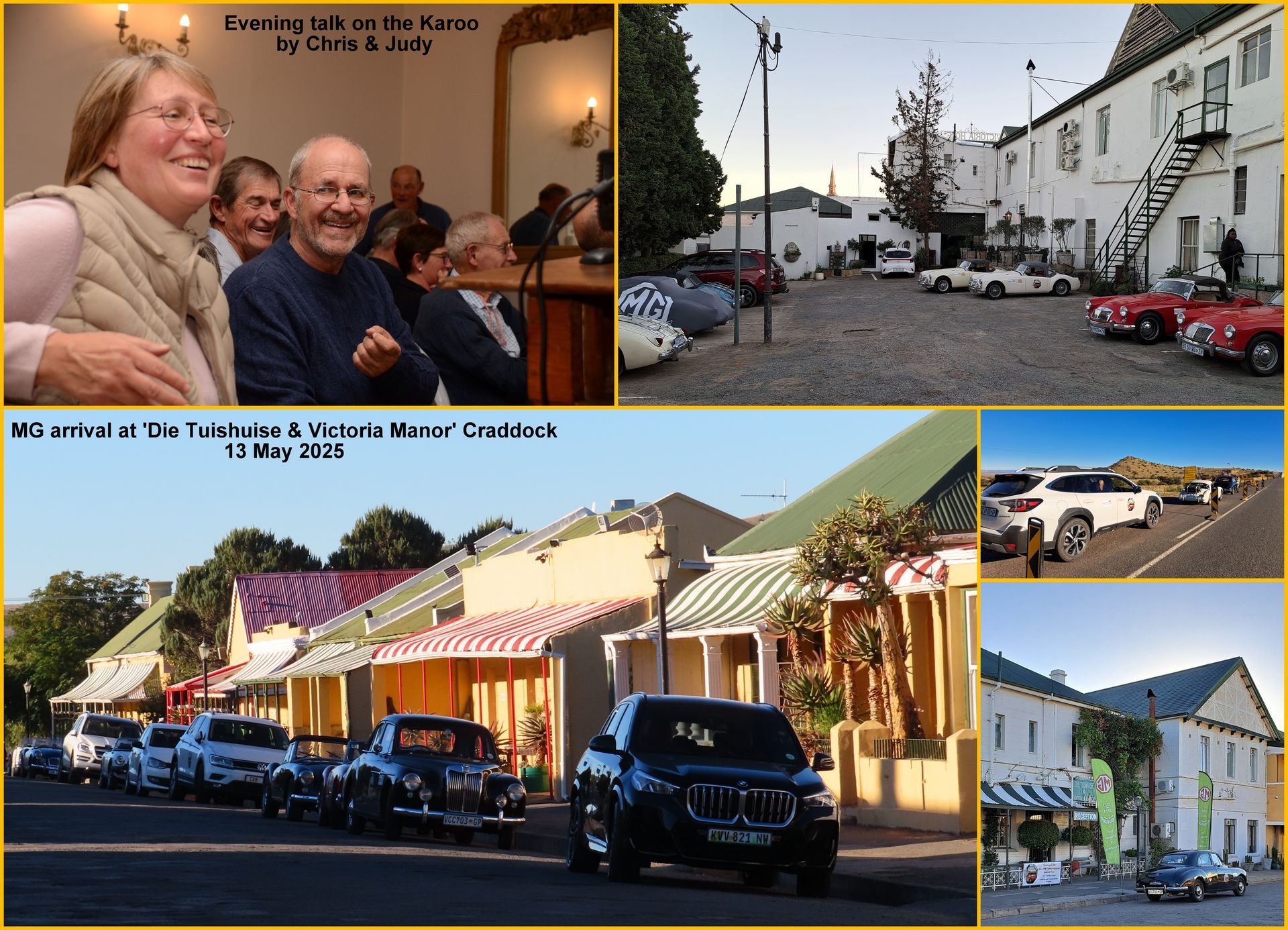 A collage: people at a gathering, classic cars parked on street, and a building with an outdoor staircase.