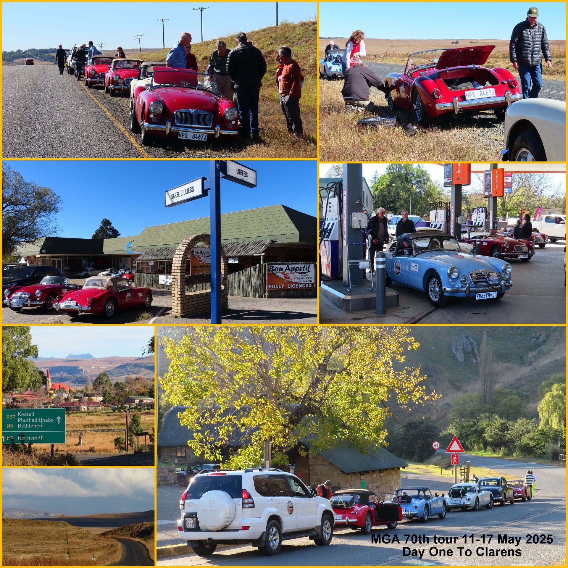 MGA car tour, Day One, Clarens, South Africa. Red and blue classic cars stopped on road, at gas station, and near a town.