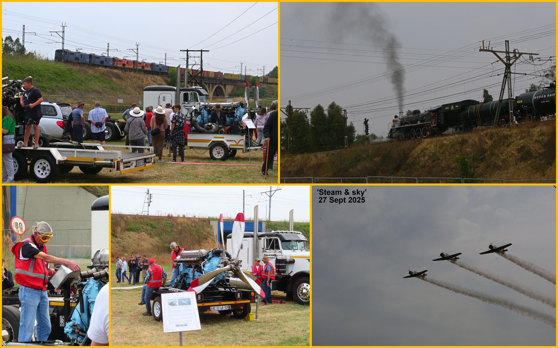 Collage: Train, steam engine, airplanes, and people at an outdoor event with vehicles and a cloudy sky.