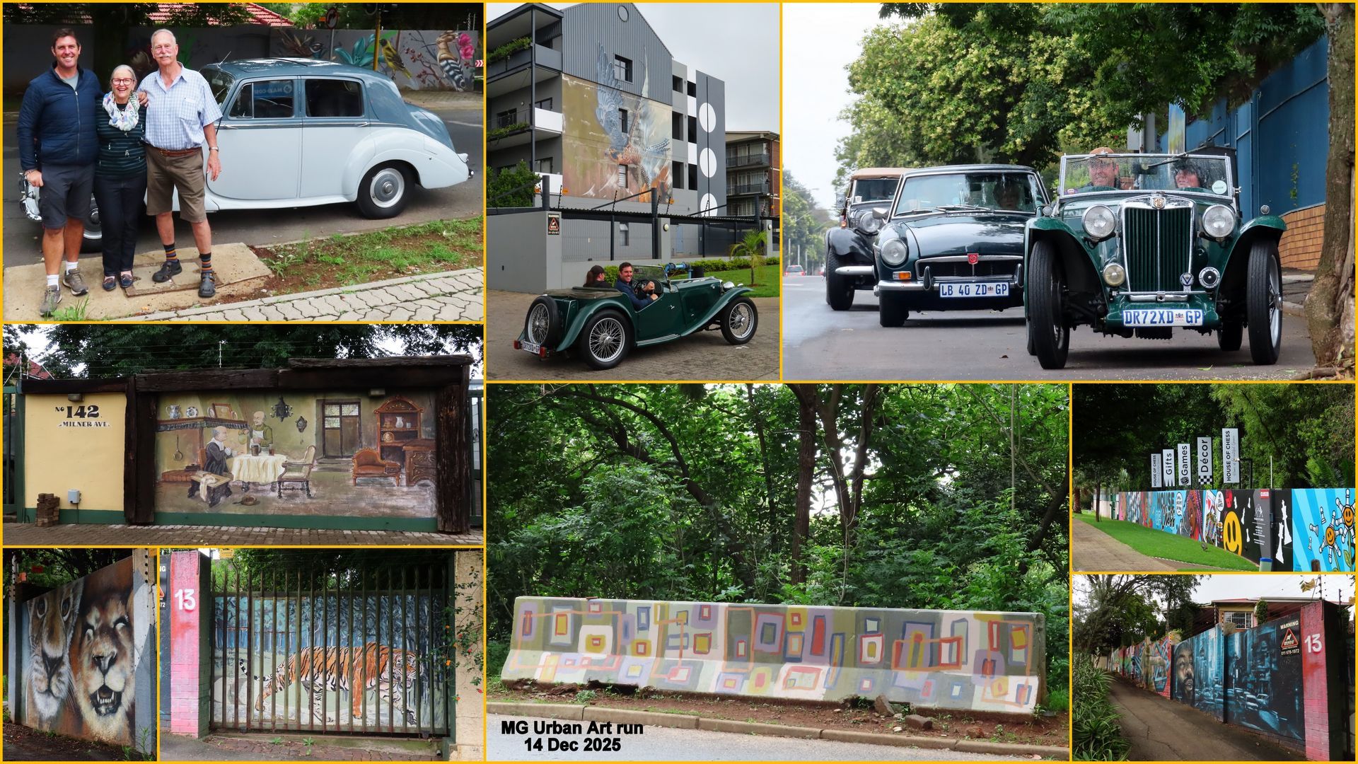 Collage of various scenes: classic cars, murals, a modern building, and lush greenery.