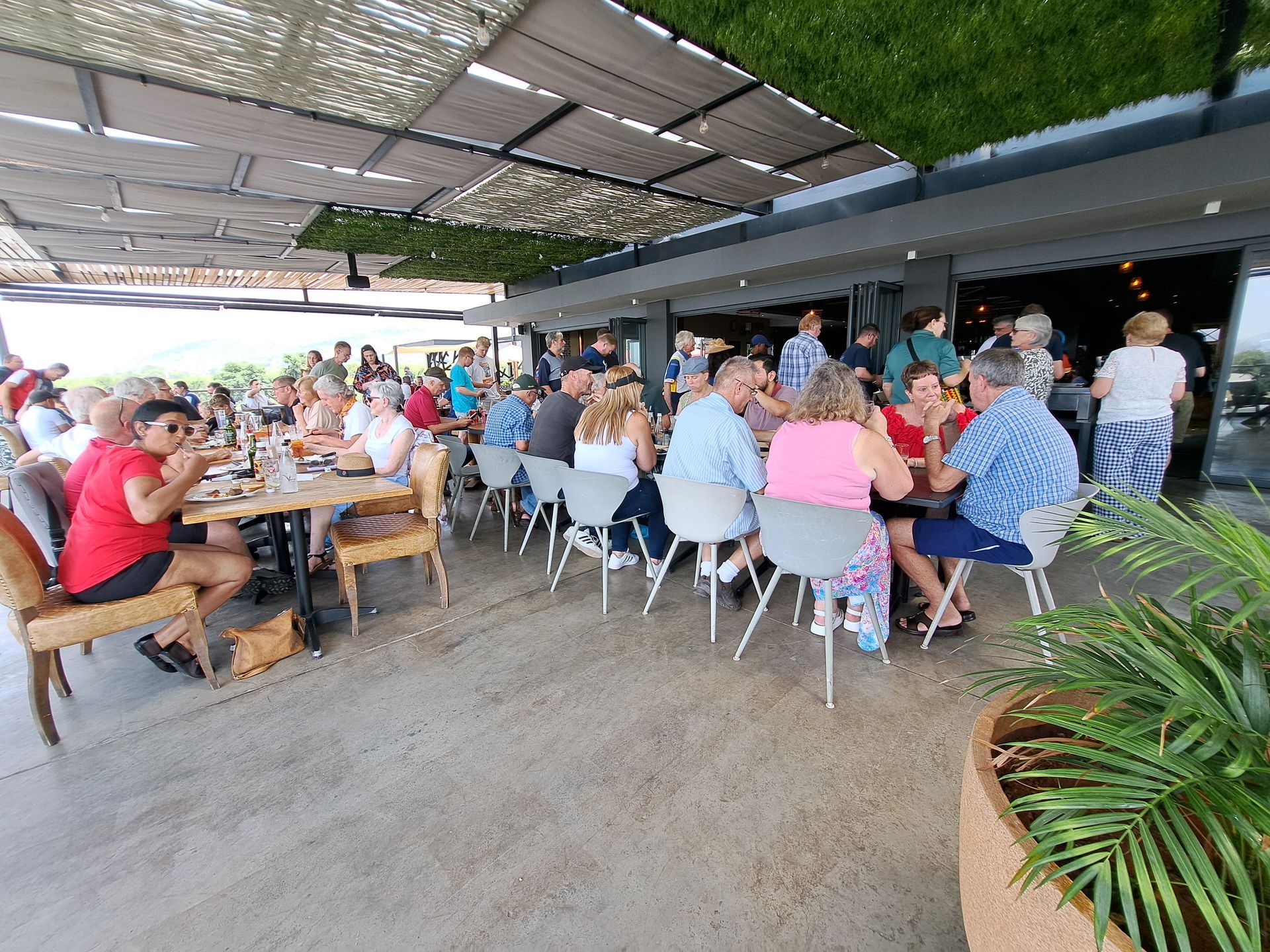 People seated at outdoor tables, dining under a covered patio with greenery overhead.
