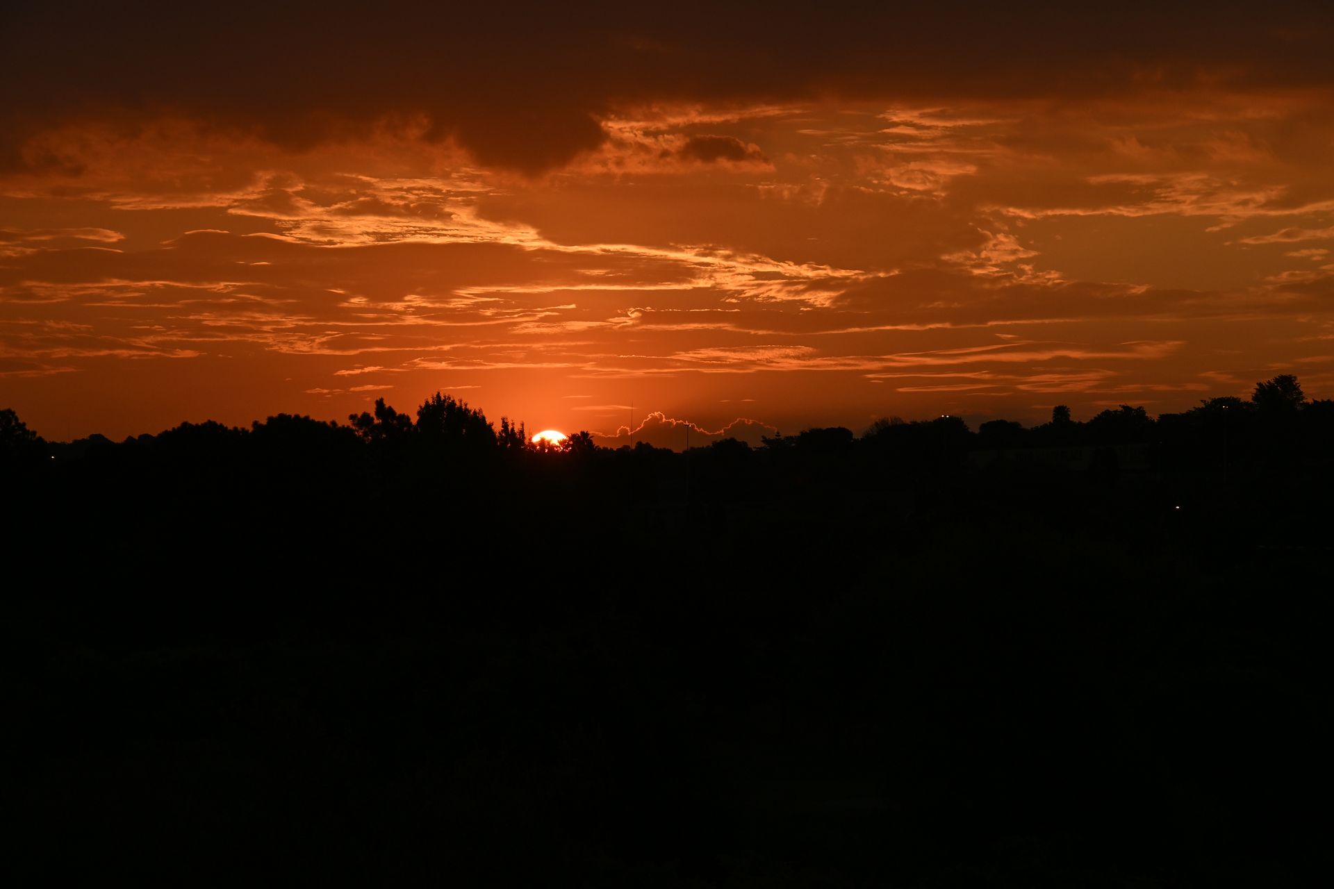 Orange sunset over a dark tree-lined horizon with scattered clouds