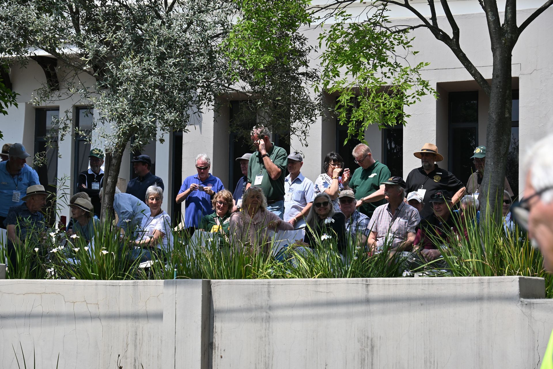 People gathered outdoors in a courtyard, some raising hands, behind planters and trees.