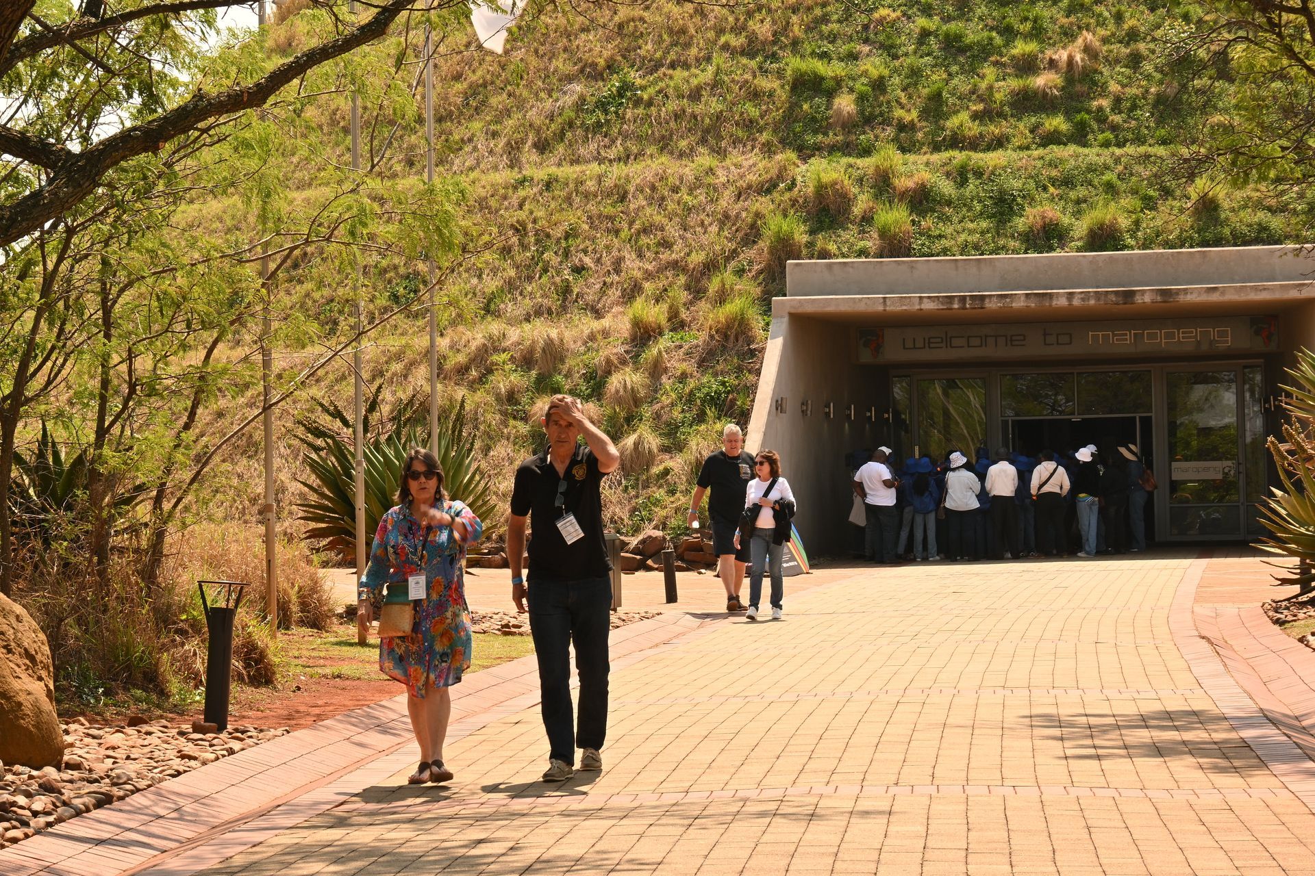 People walking on a brick path toward a building entrance in a sunny park-like setting