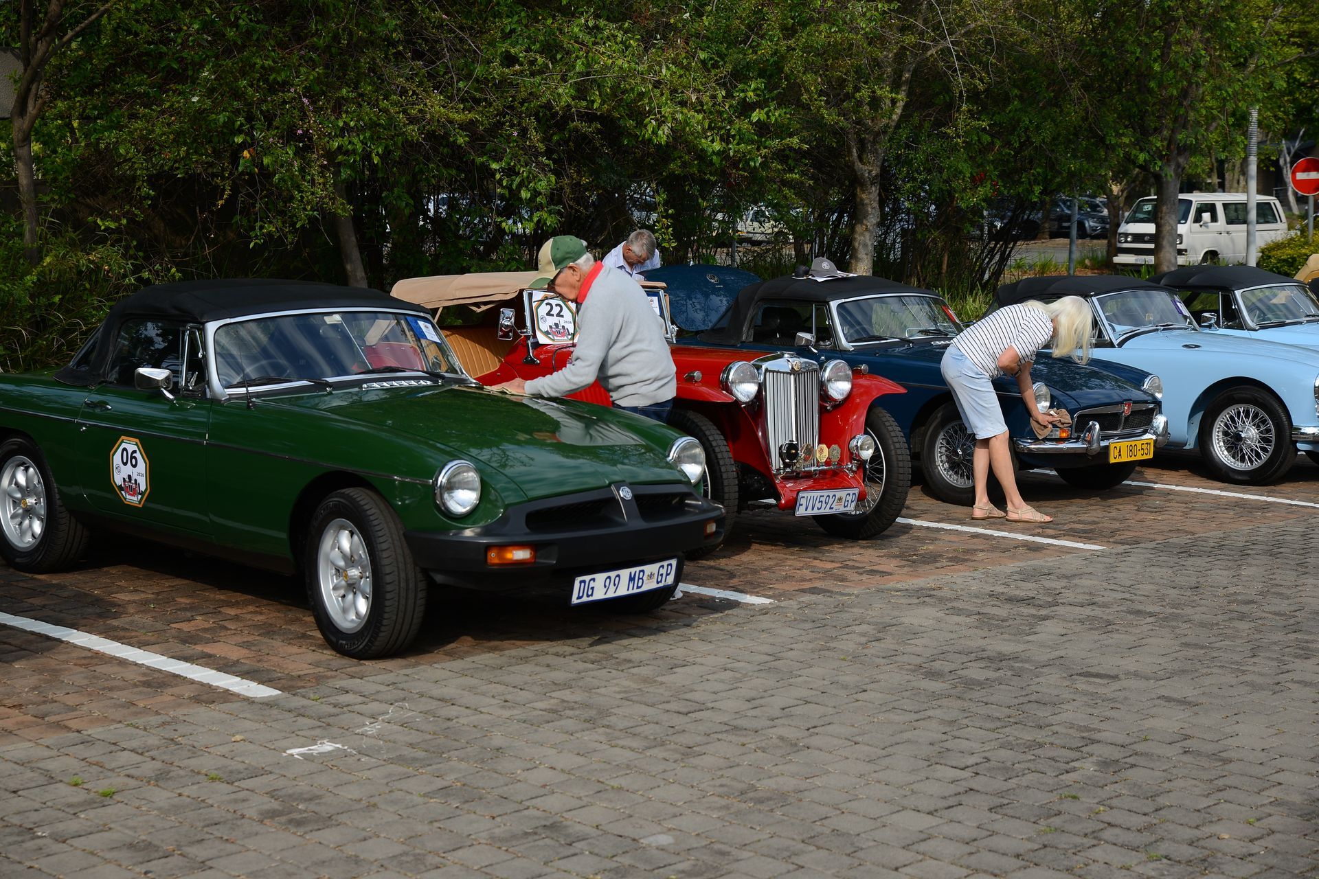 Classic cars parked outdoors with people inspecting and cleaning them