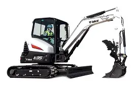 A white and black Bobcat E35 compact excavator on tracks, shown from the side with its arm and bucket extended forward. A white and black Bobcat E35 compact excavator on tracks, shown from the side with its arm and bucket extended forward.
