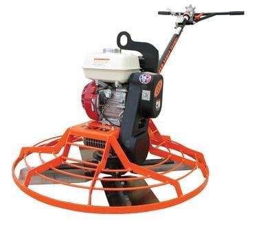 Orange and black concrete power trowel with a Honda engine.