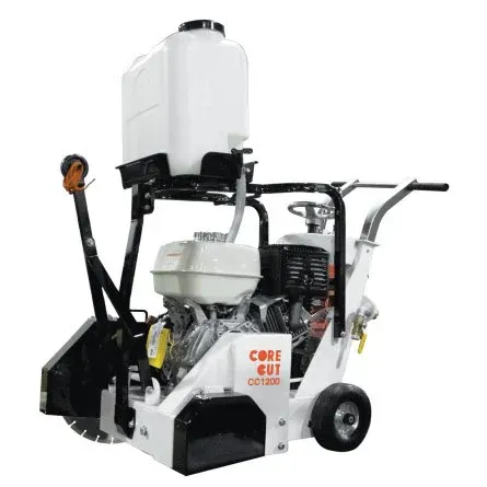 Concrete saw with water tank, used for cutting pavement. White and black, outdoor setting.