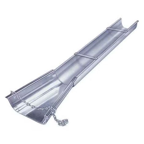 Metal gutter with a chain attached, angled downwards, likely for rainwater.