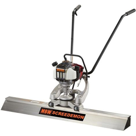 Gas-powered concrete screed machine with two handles and a metal blade, used for leveling wet concrete.