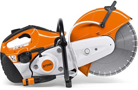 Orange and gray STIHL cut-off saw with a large circular blade, black handles, and protective blade guard.