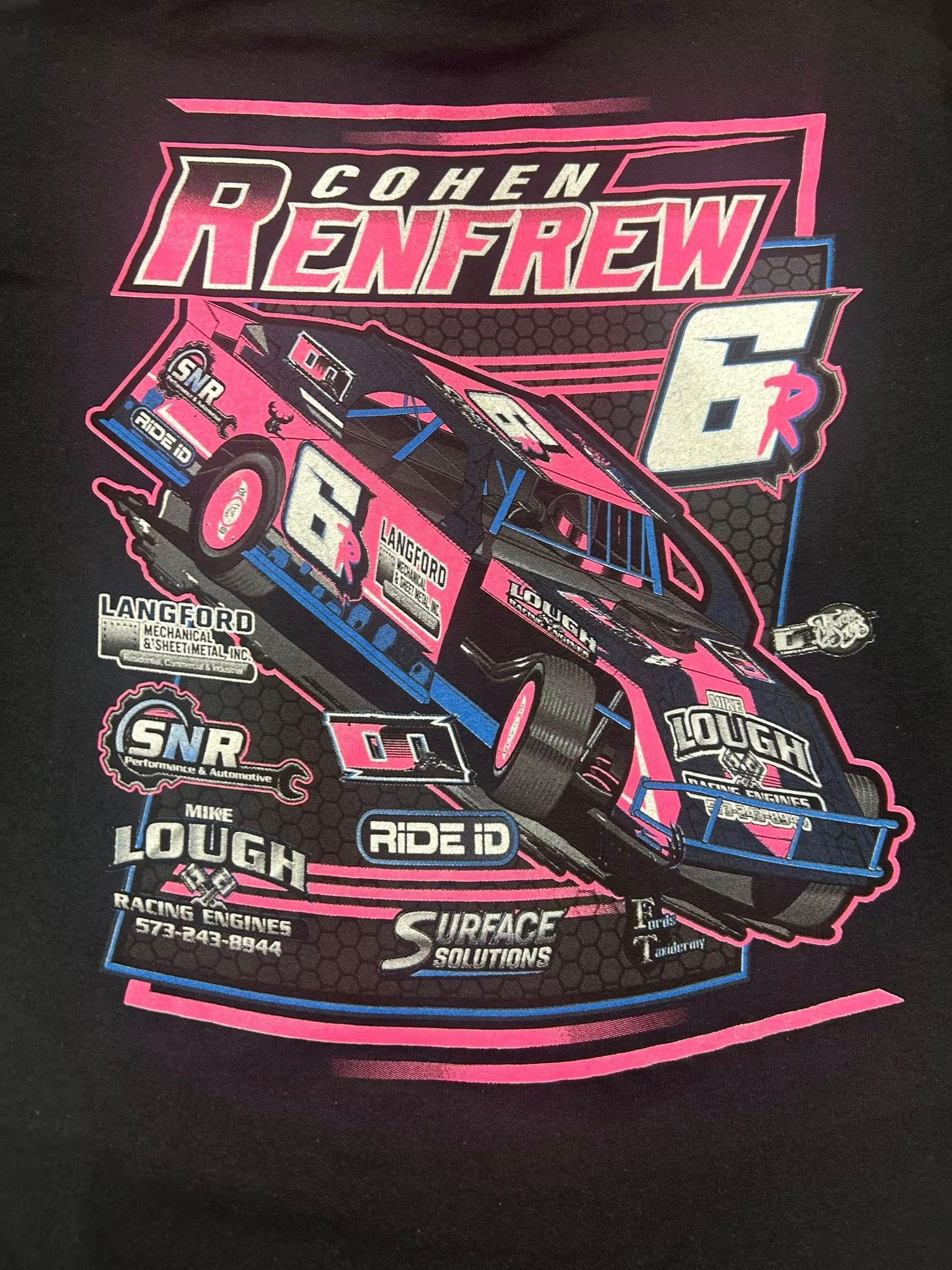 Graphic T-shirt featuring a pink and blue race car, number 6, and the name