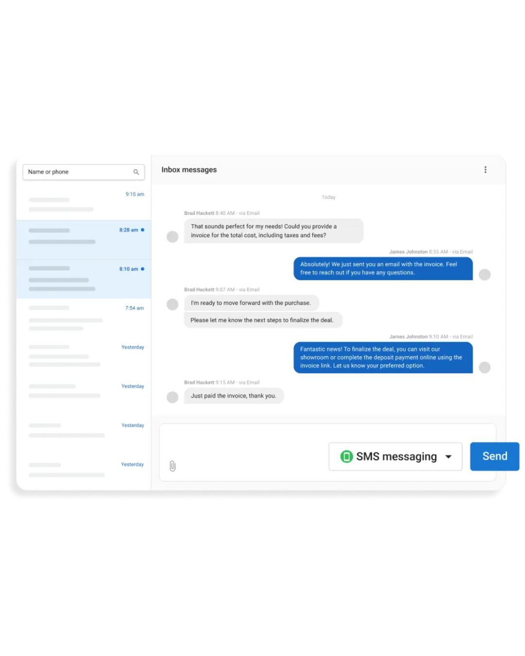 Screenshot of a chat interface with blue and gray text bubbles.