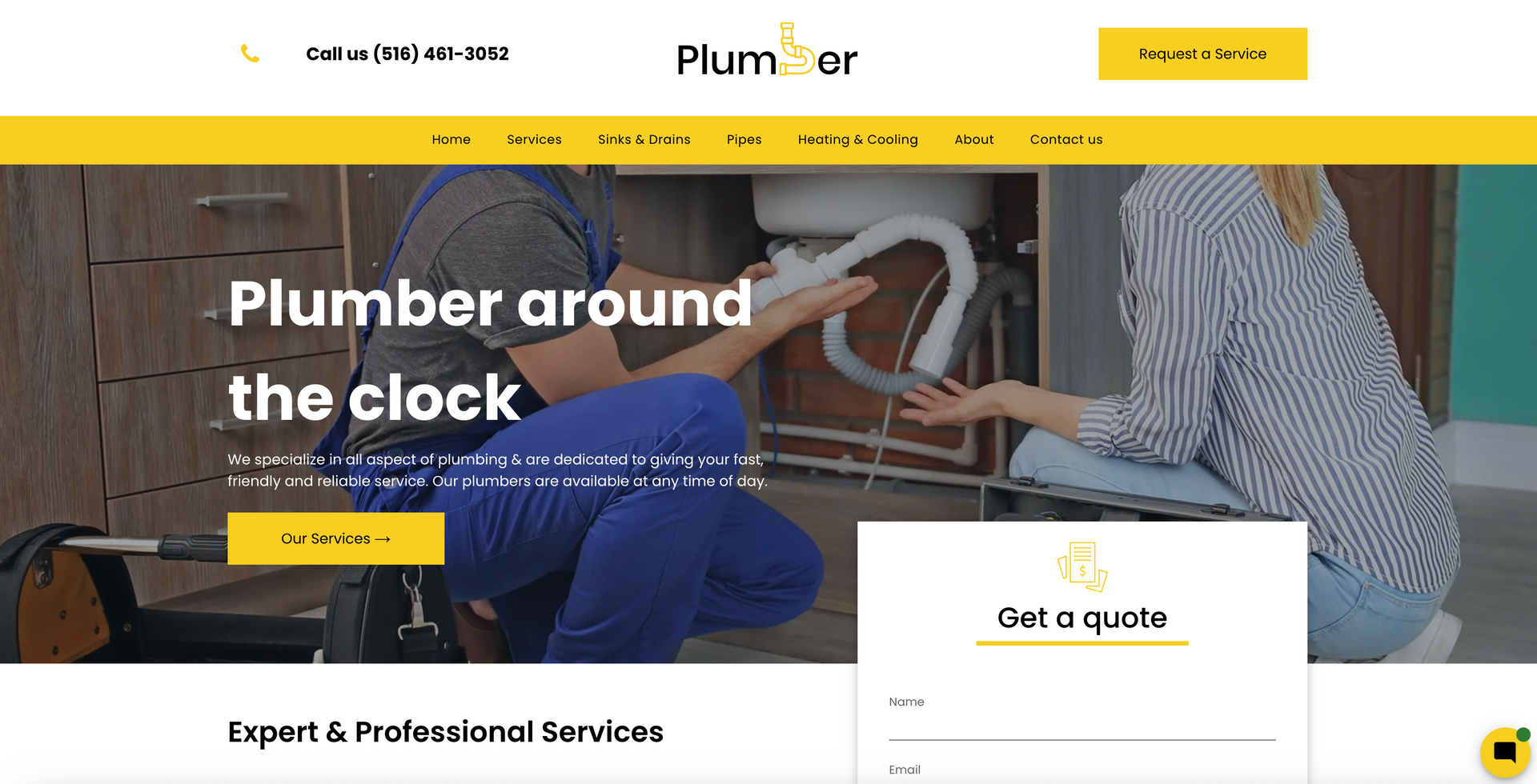 Plumber website homepage: Plumber fixing sink with a customer. Yellow and white design. Get a quote form is displayed.