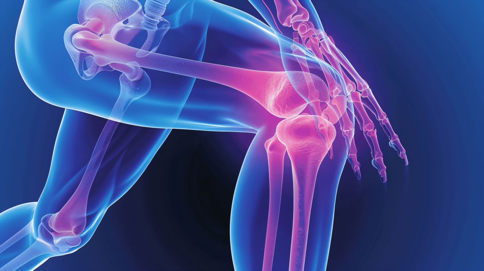 radiografia della gamba e della mano con le articolazioni evidenziate, che mostrano una possibile infiammazione.