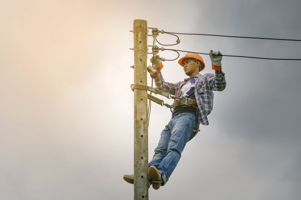 Electrician Climbing Pole — PRO Solar & Electrical In Port Stephens, NSW