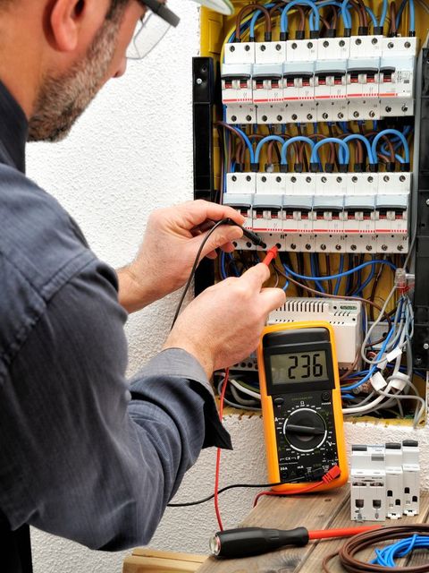A Man Is Using A Digital Multimeter To Test An Electrical Box — PRO Solar & Electrical In Lake Macquarie, NSW