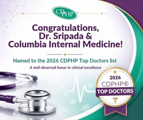 CDPHP congratulatory graphic for Dr. Sripada and Columbia Internal Medicine, with stethoscope and 2026 Top Doctors badge