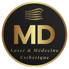 Logo für MD Laser & Médecine Esthétique, in Partnerschaft mit ENDLICH OHNE TATTOOENTFERNUNG. Schwarzer Kreis mit weißem Text.