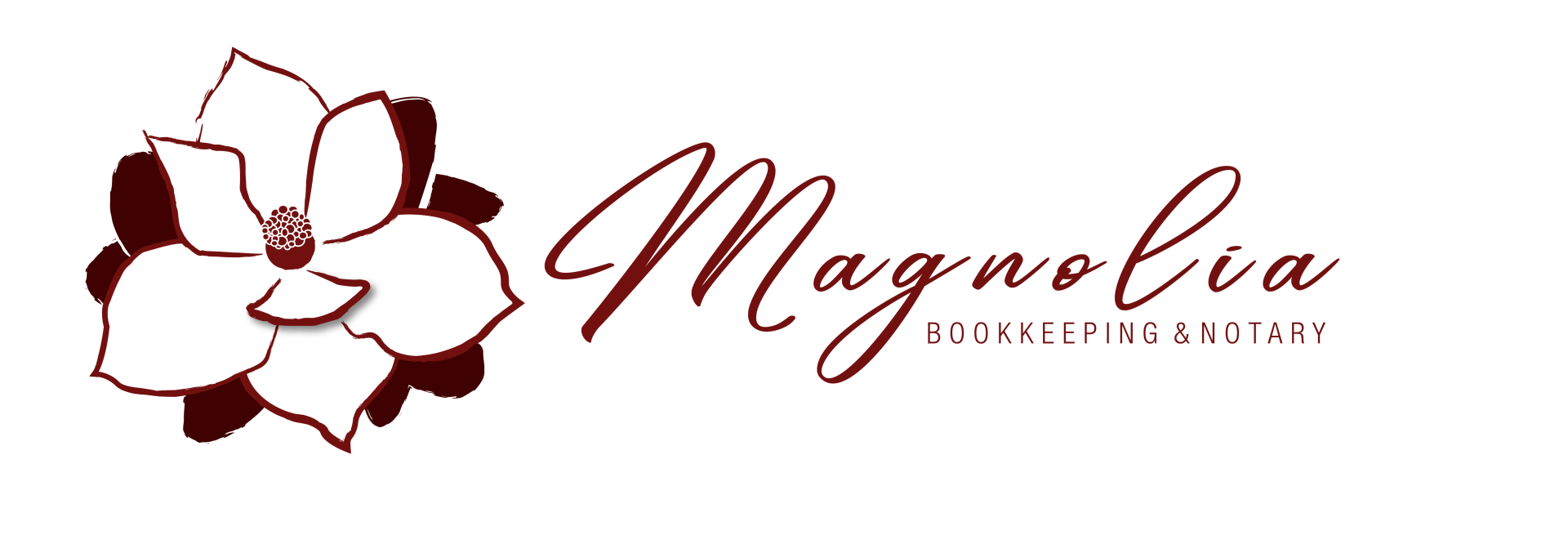 Logo with a white magnolia flower and burgundy text: