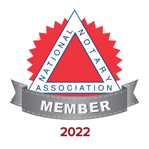 National Notary Association member logo. Red and white triangle in a red starburst with a gray banner.