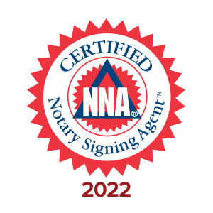 Certified Notary Signing Agent seal. Red and blue with