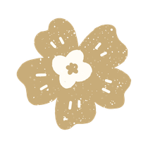 A stylized, light brown, five-petaled flower with a white, four-petaled center.