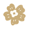 A stylized, light brown, five-petaled flower with a white, four-petaled center.