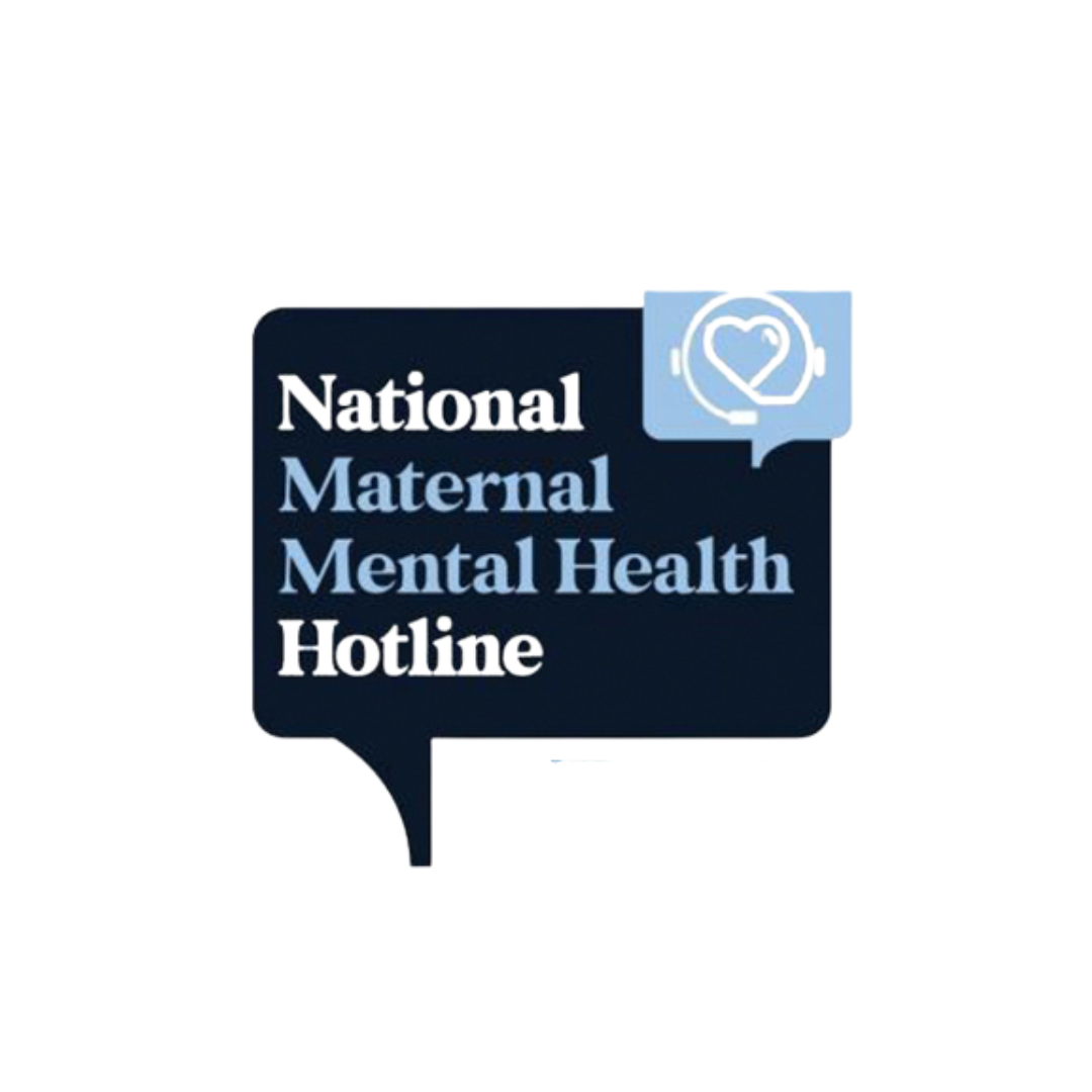 Logo for the National Maternal Mental Health Hotline featuring a dark speech bubble icon with a heart-shaped headset.