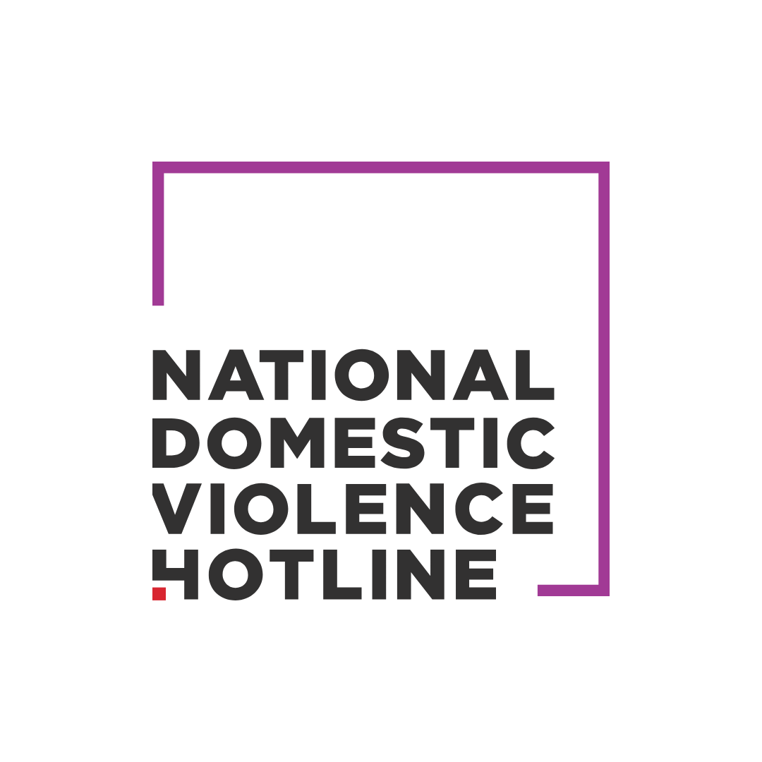 Logo for the National Domestic Violence Hotline featuring black text inside a purple square frame with a red dot.