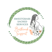 Logo with pregnant figure, leaves, and text: 