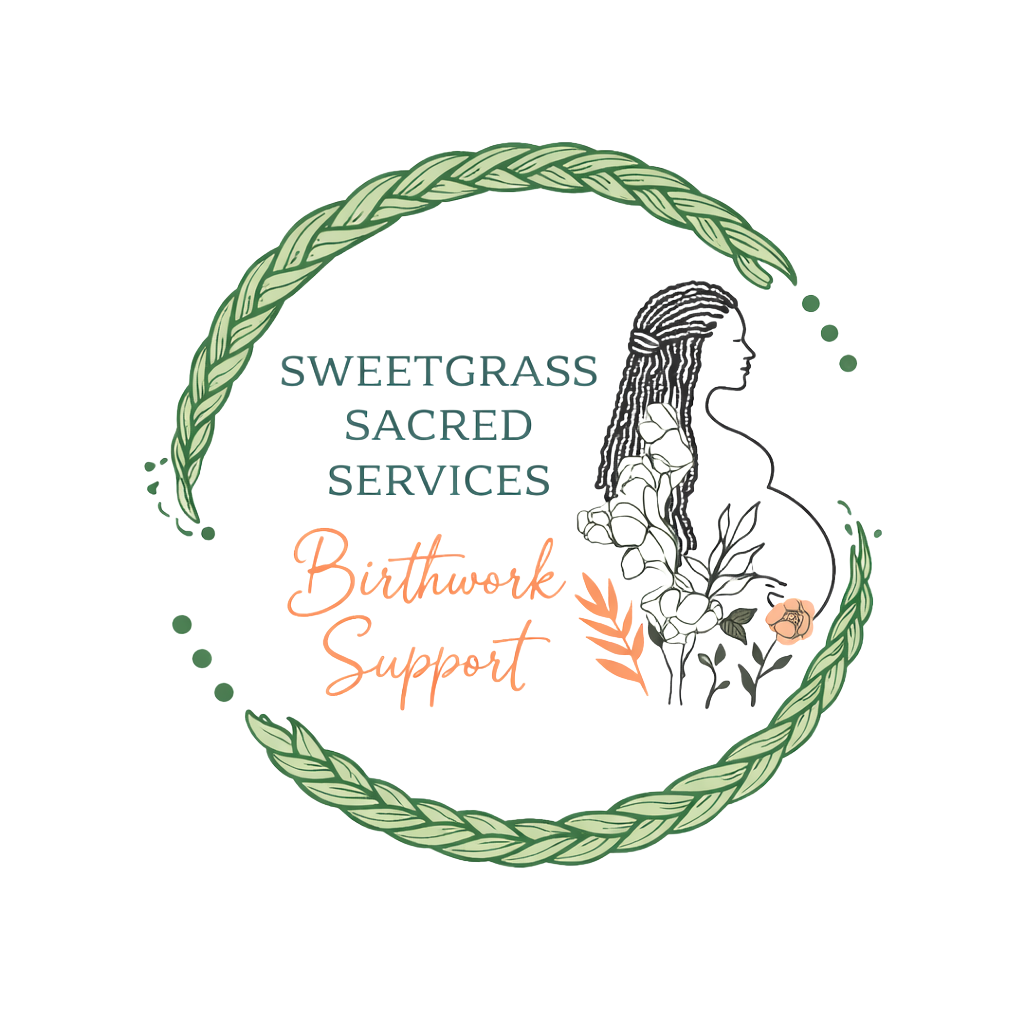 Logo with pregnant figure, leaves, and text: 
