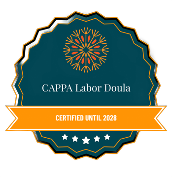CAPPA Labor Doula certification badge. Teal and orange colors, certified until 2028.