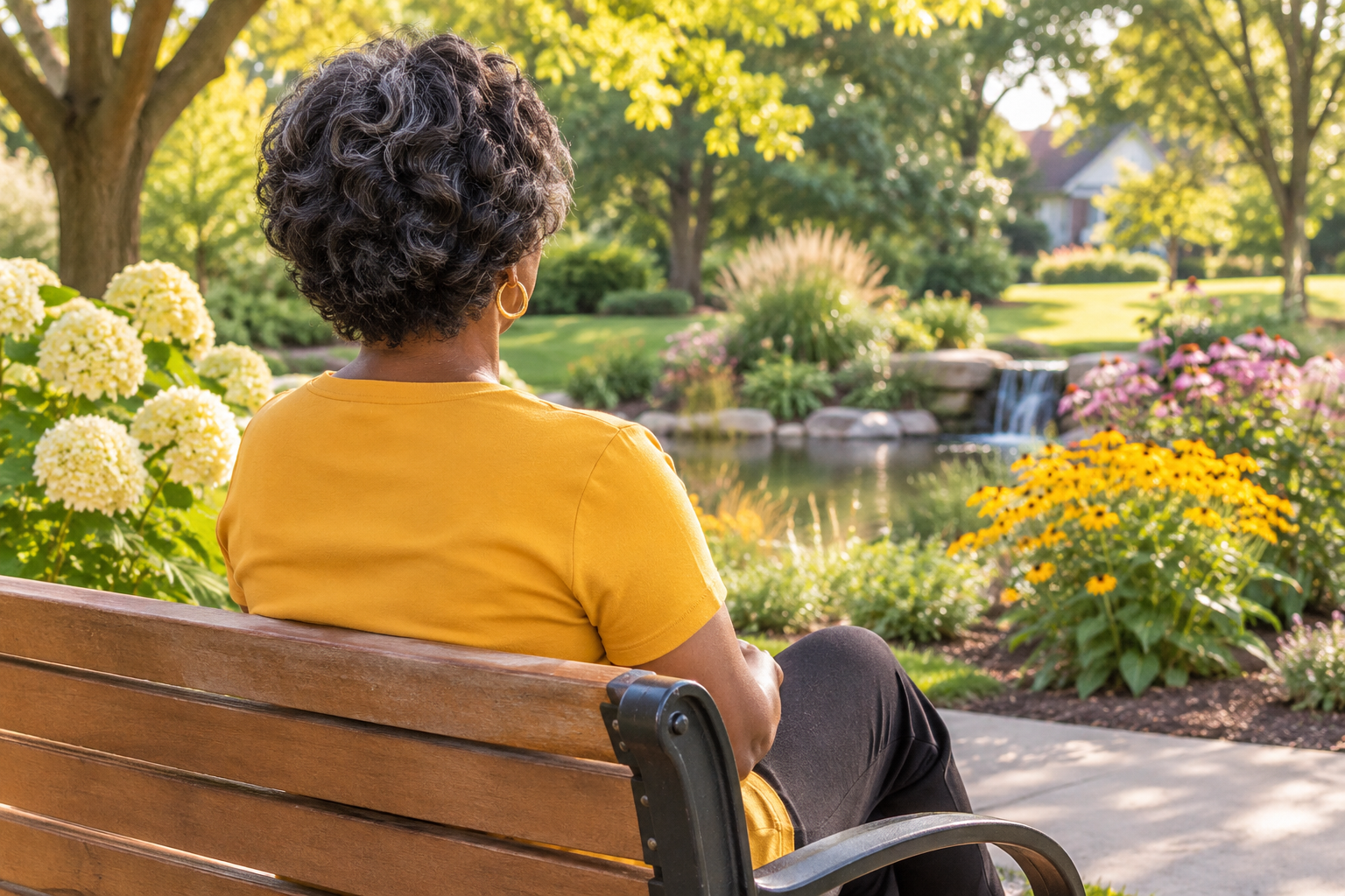 Person in a yellow shirt sits on a park bench beside a pond and blooming flowers.
