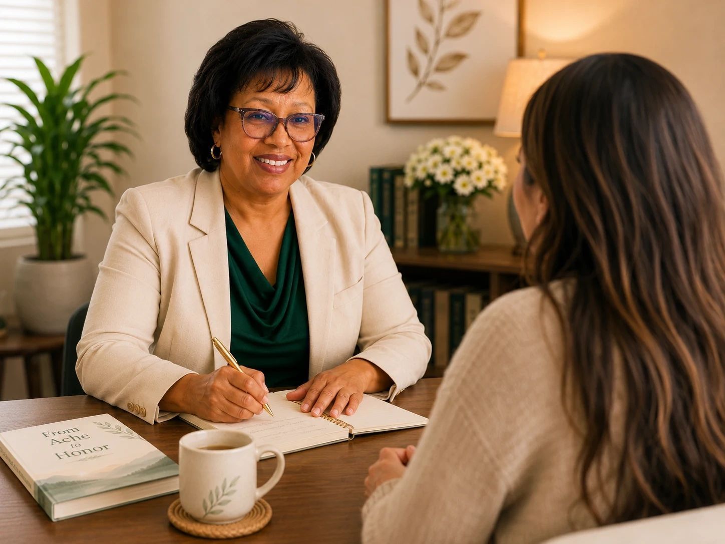 Two women in a cozy office meeting, one taking notes across a desk with books and a coffee mug.