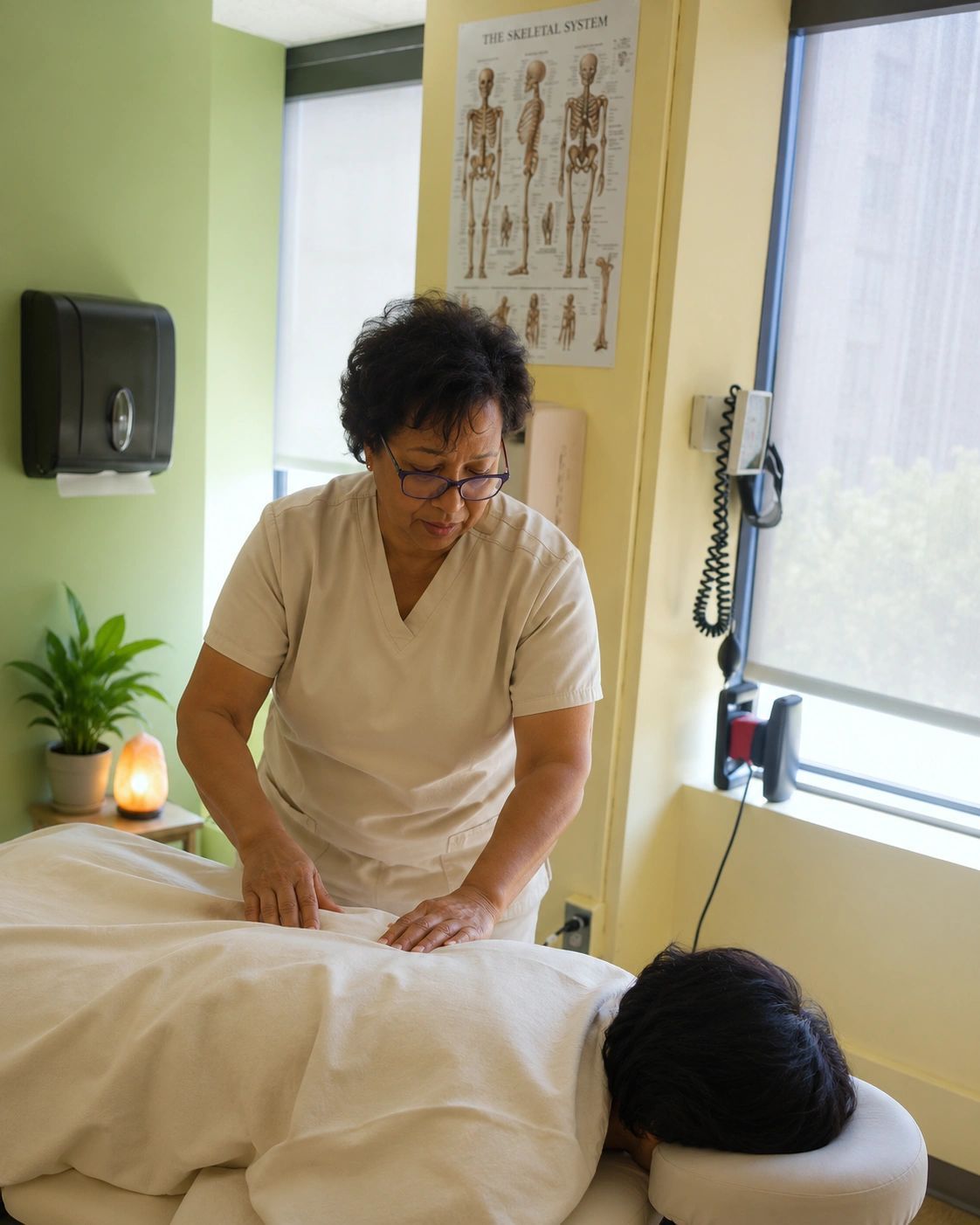 Massage therapist working on a client on a treatment table in a bright clinic room.