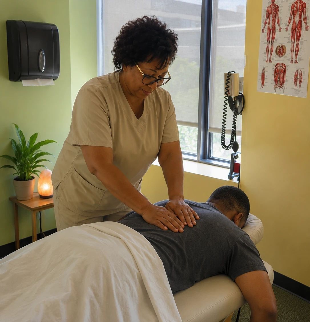 Massage therapist working on a client on a table in a bright treatment room
