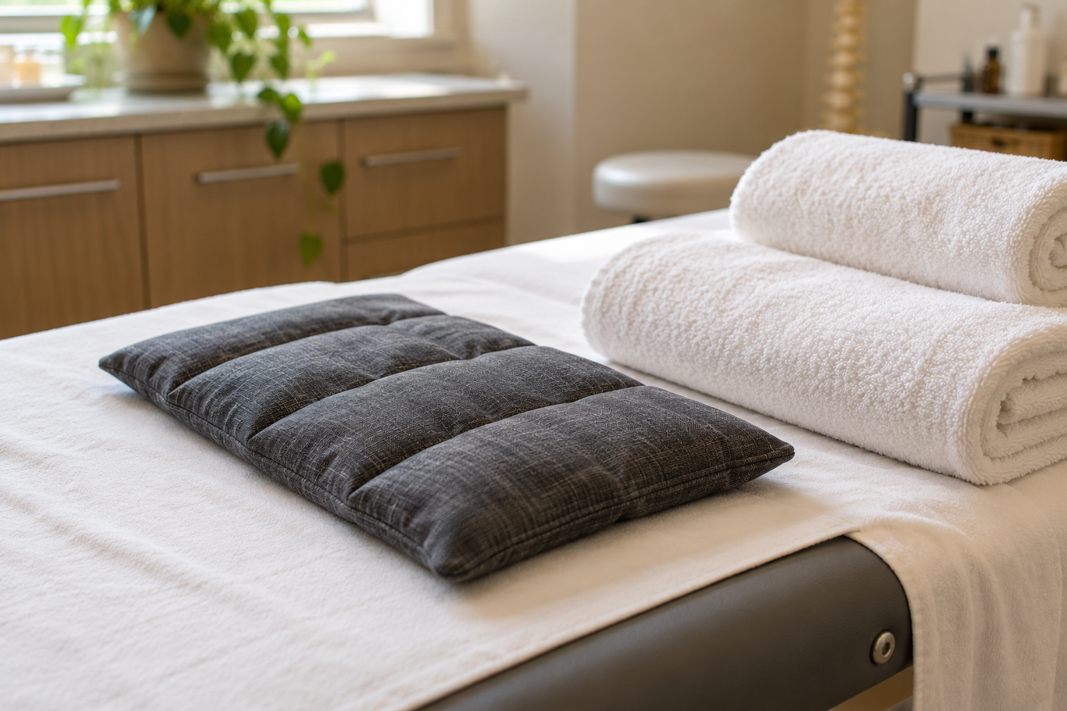 Two folded white towels and a dark gray towel on a massage table in a bright spa room