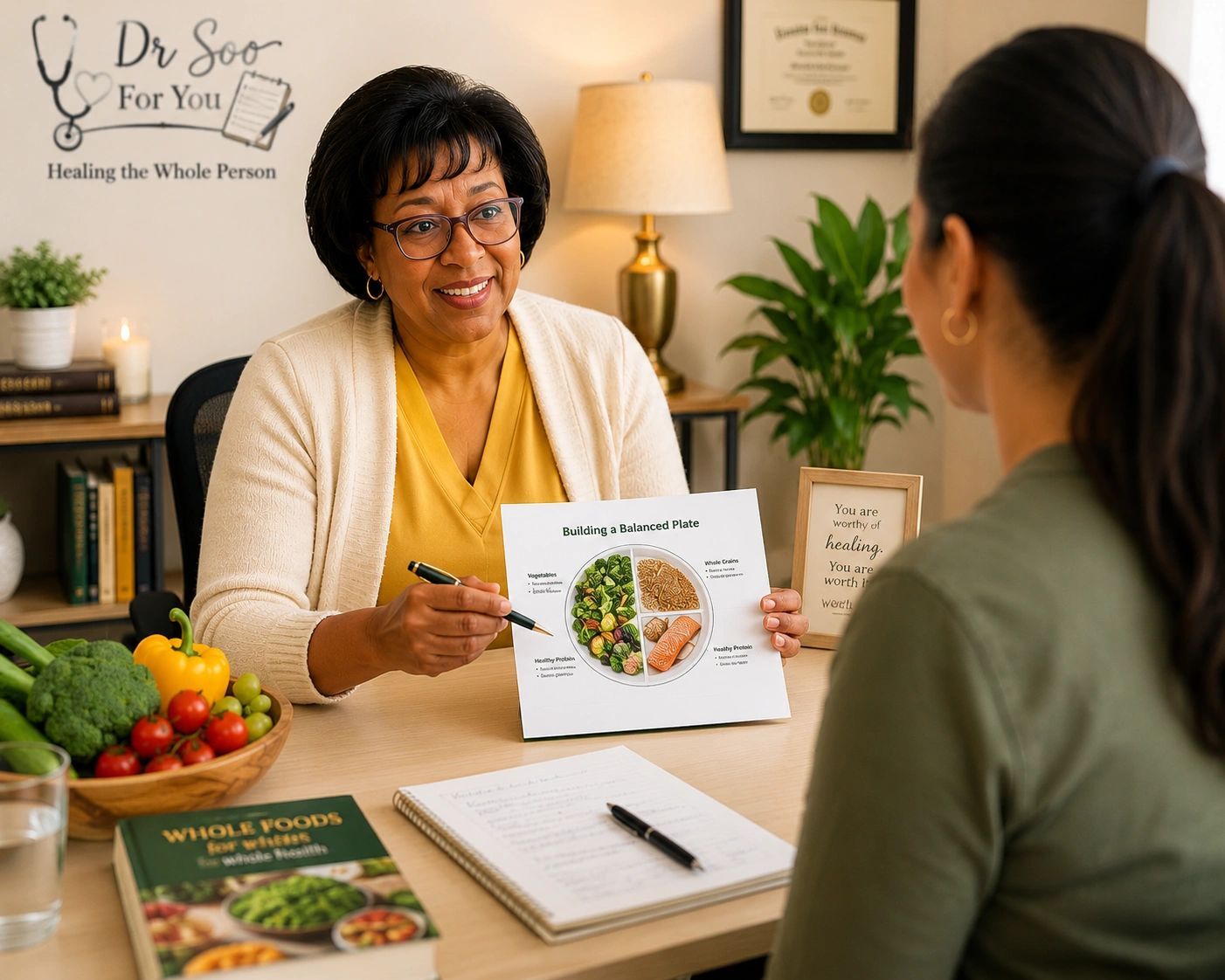 Nutrition consultation with a dietitian showing a meal plan to a seated client in a bright office