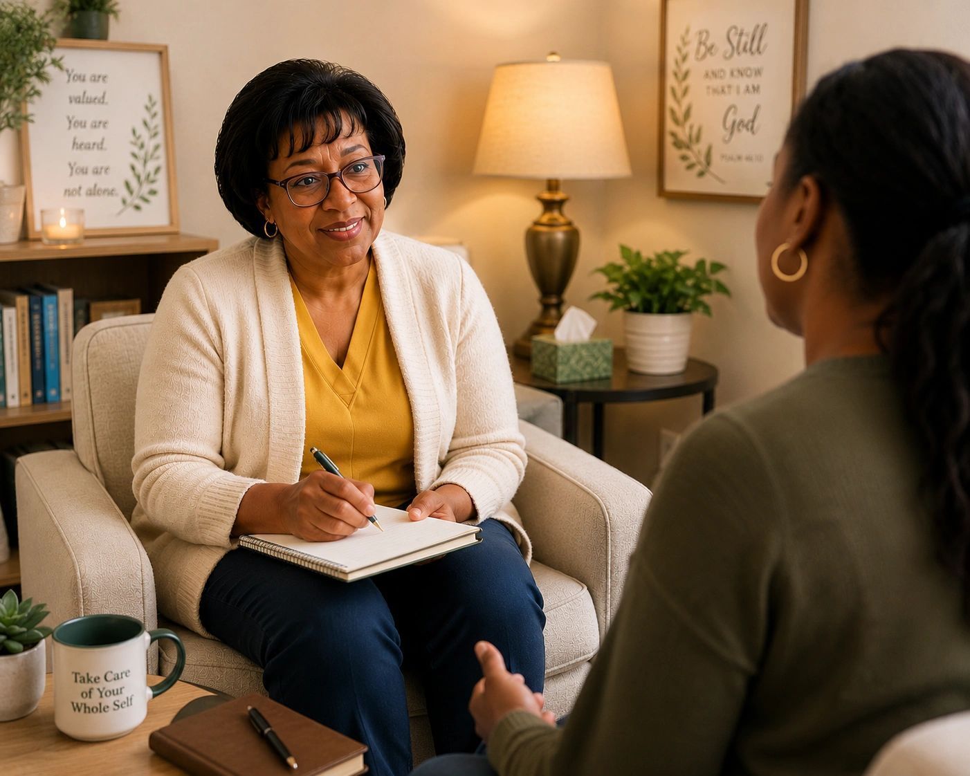 Counselor taking notes while speaking with a client in a cozy office setting