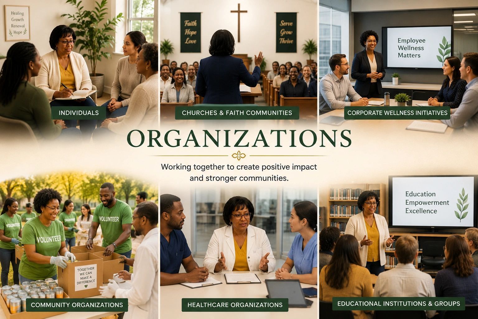 Collage of people collaborating in a modern office, with “ORGANIZATIONS” centered over the scenes.