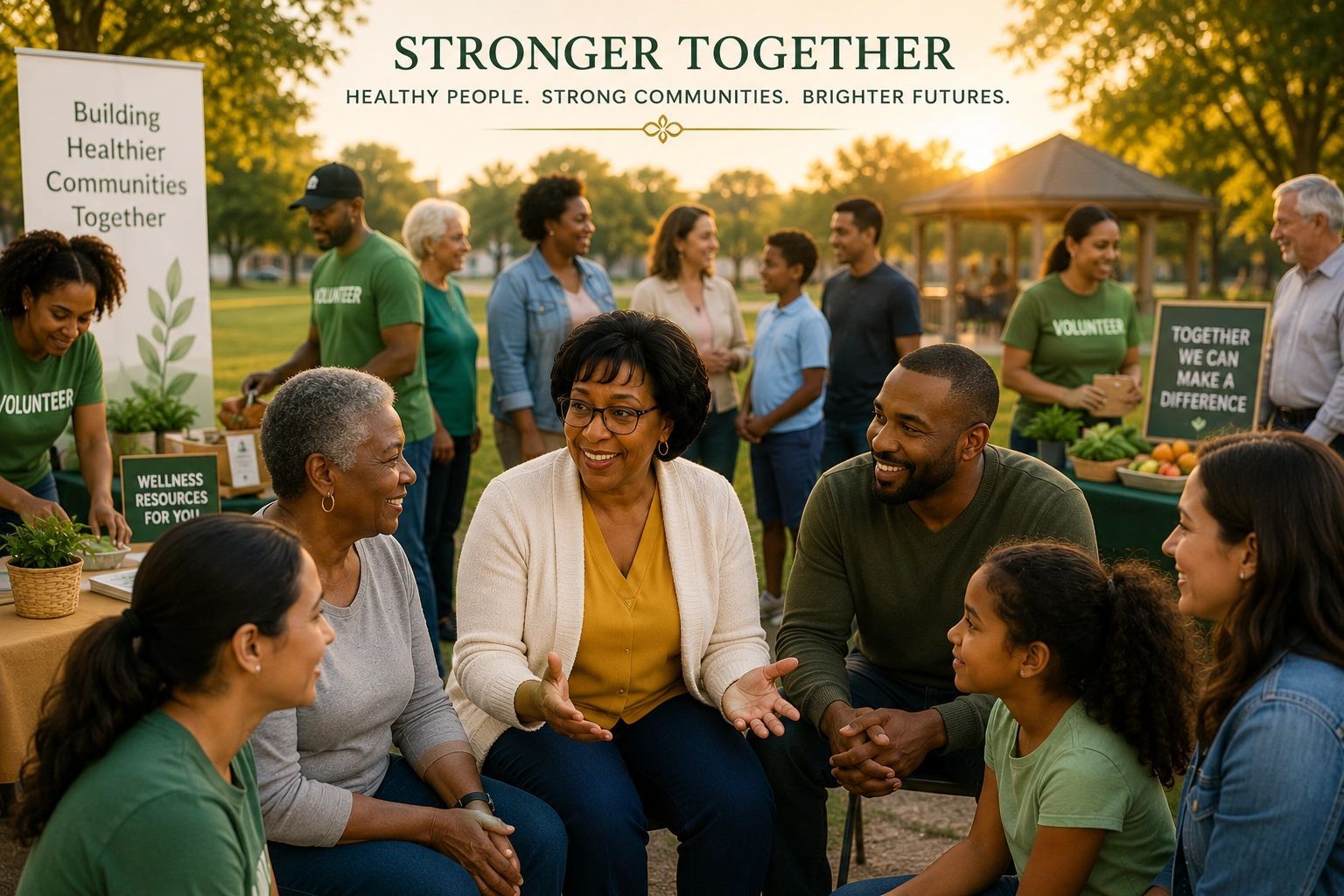Community group seated outdoors at sunset, smiling and talking beneath a “Stronger Together” banner.