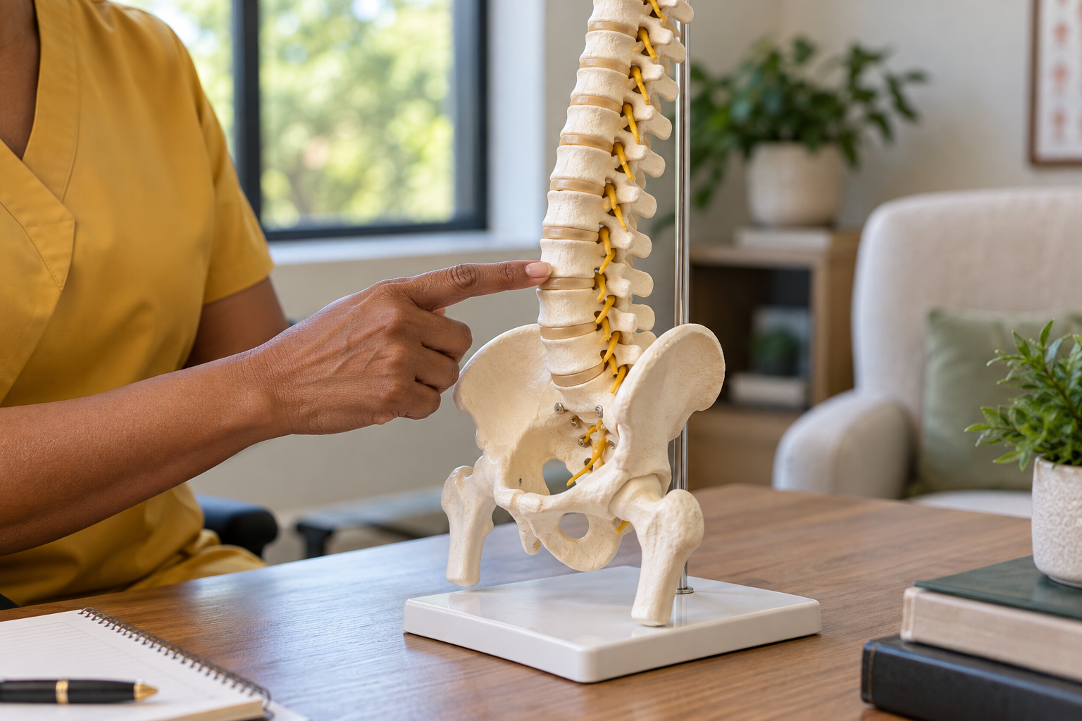 Person pointing to a model spine on a desk in a bright office setting