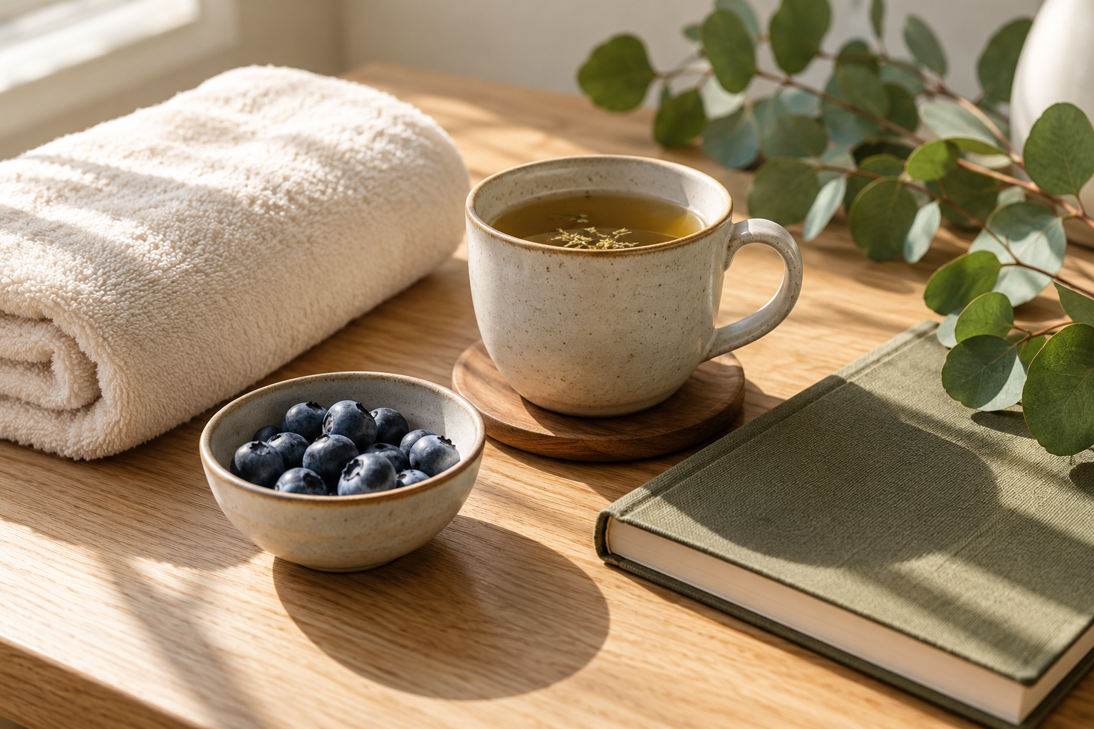 Towel, blueberries, tea, and a notebook on a sunlit wooden table with eucalyptus leaves