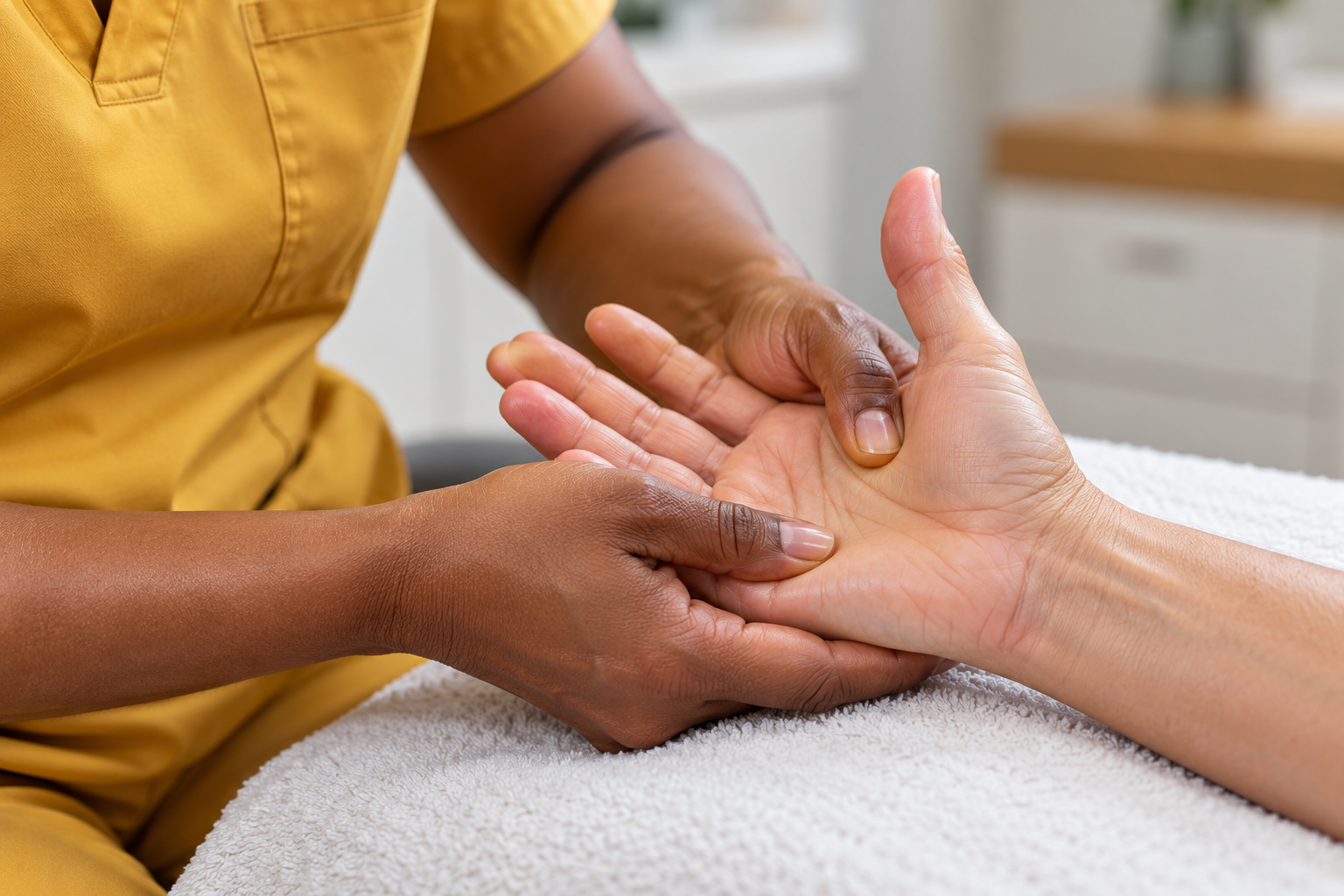 Healthcare worker checking a patient's foot in an exam room