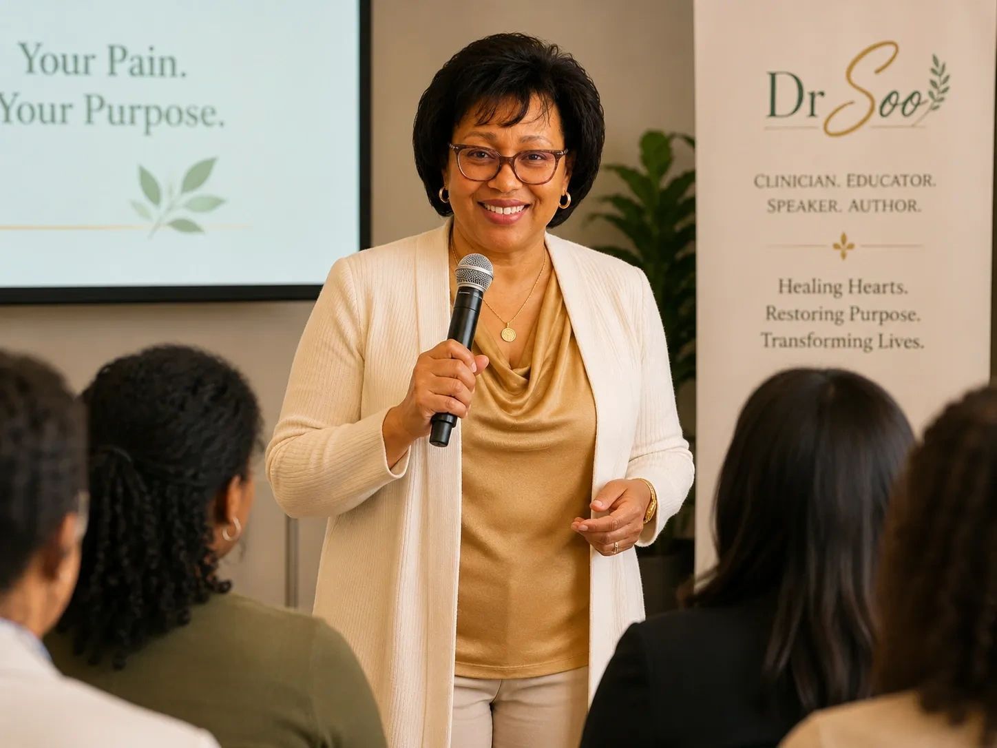 Speaker holding microphone at a conference, standing between presentation screen and branded banner