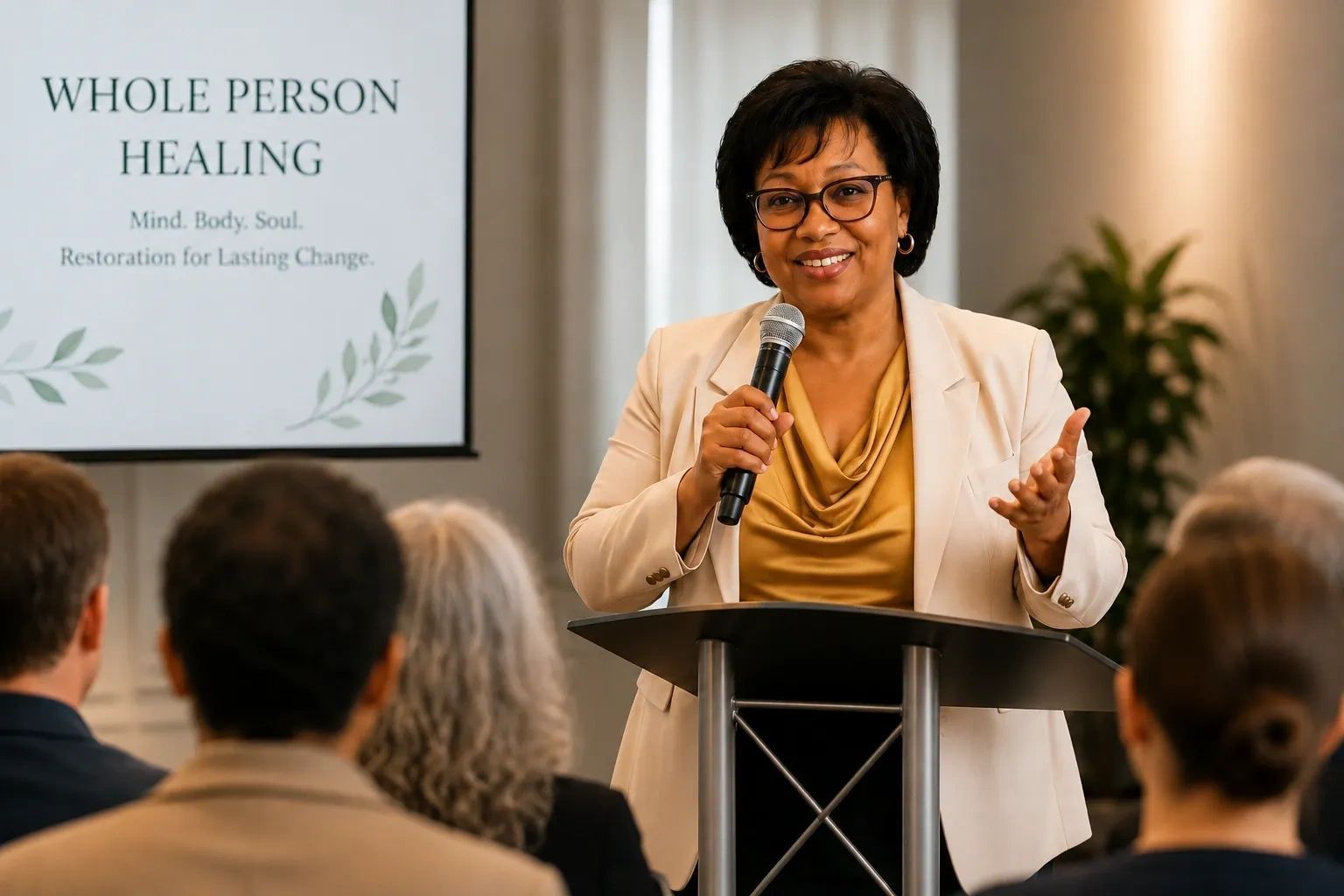 Speaker at podium addressing audience during “Whole Person Healing” presentation