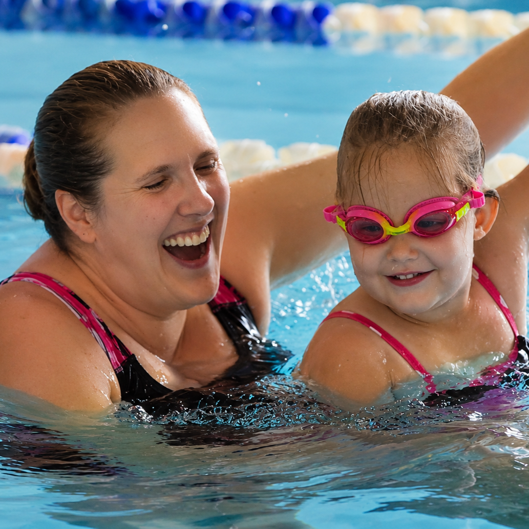 Woman and child in pink swimwear smiling in a swimming pool