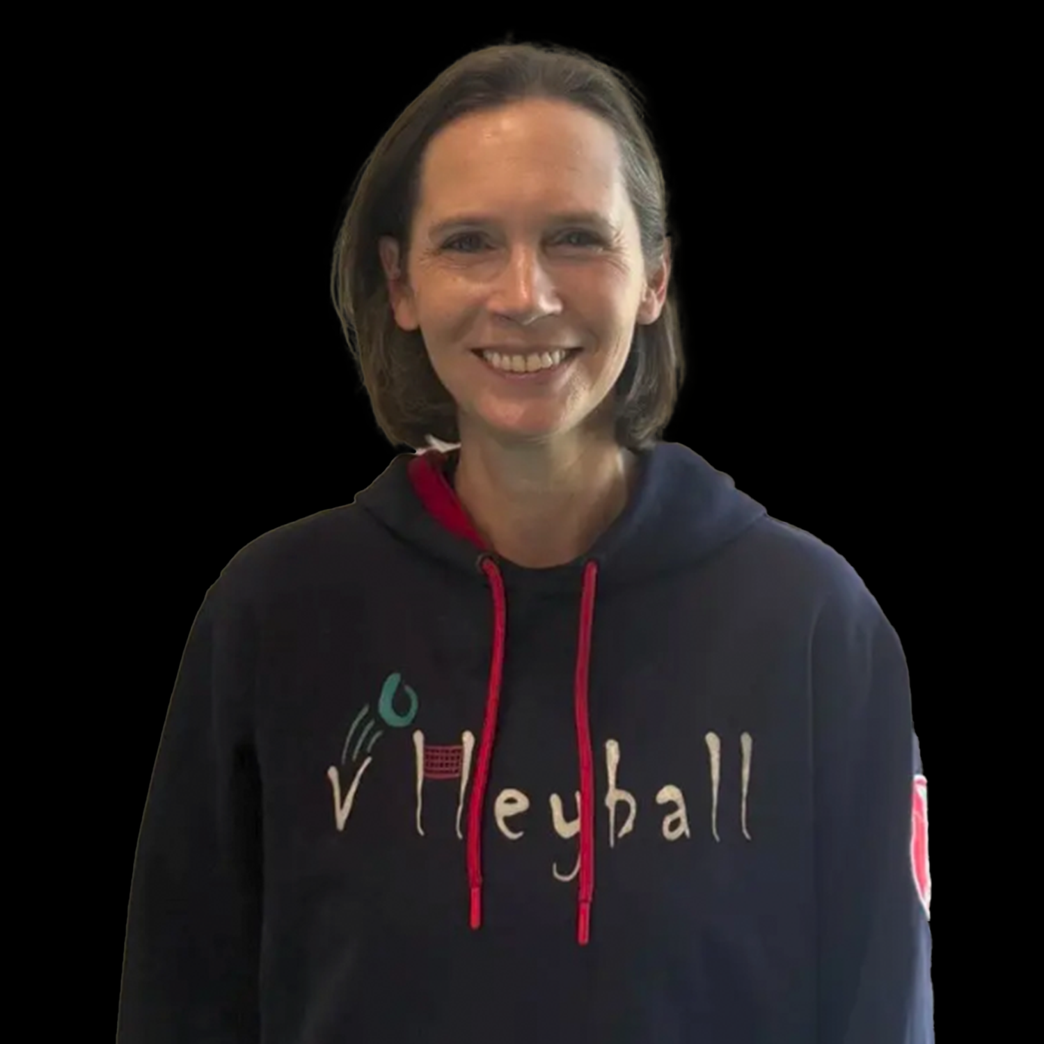 Smiling person in a dark hoodie with red drawstrings and “volleyball” text on a black background