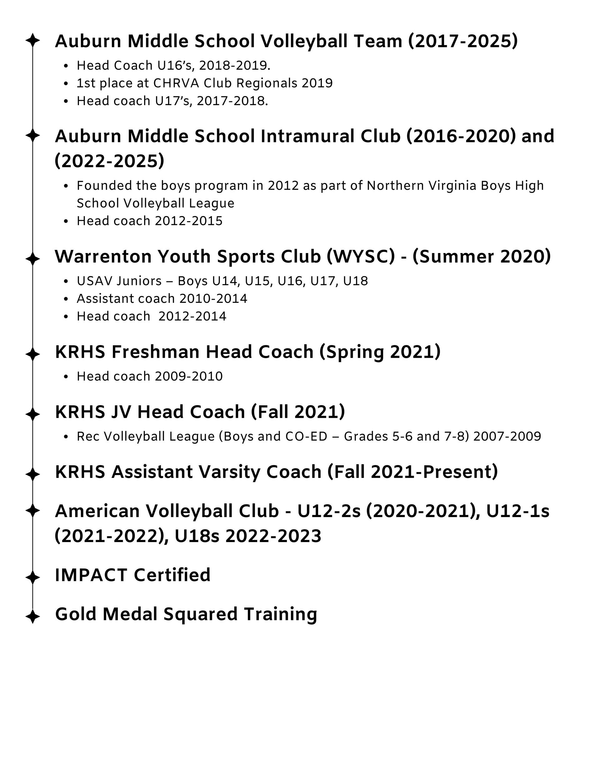 Bulleted list of volleyball coaching, club, and training experience on a white page